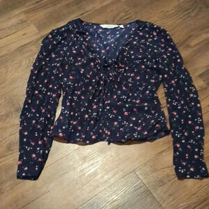 & Other Stories Navy Blue Pink Floral Sheer Open Keyhole Front Blouse H
